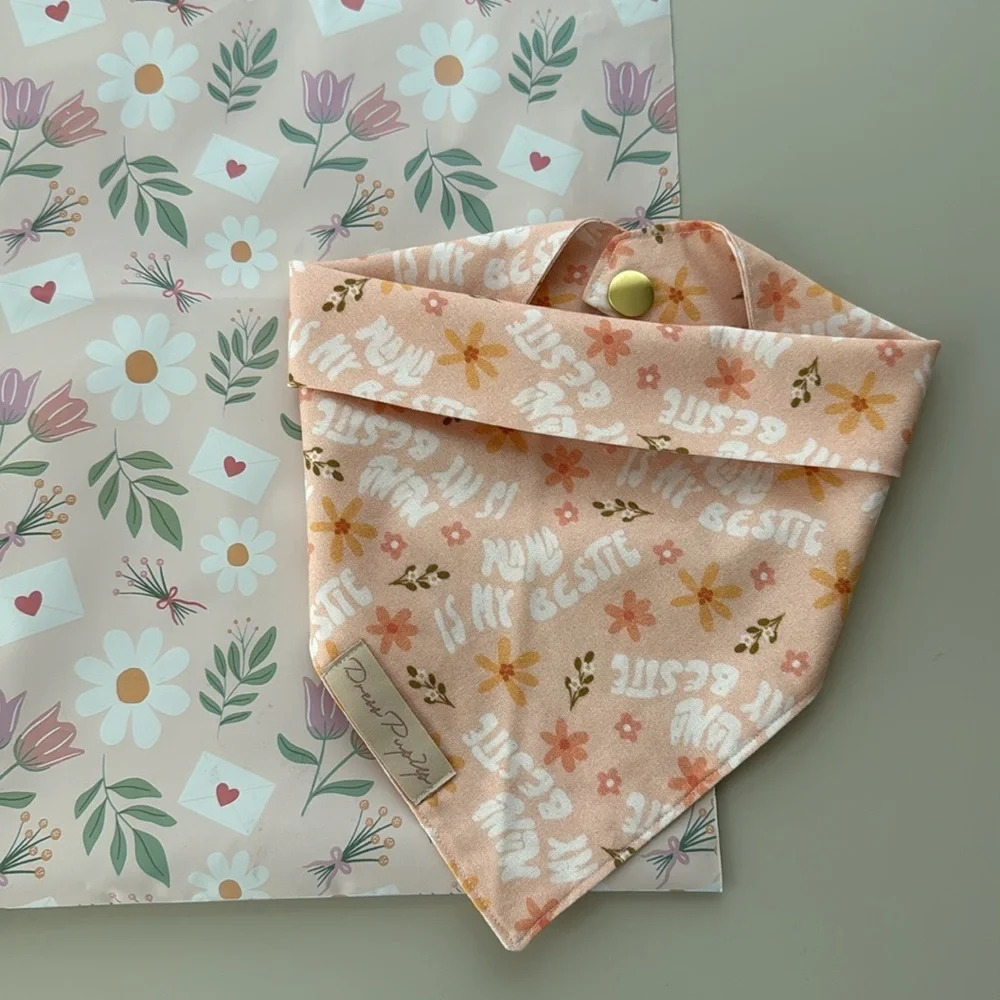 Floral Handmade Dog Bandana – “Mama is My Bestie” – Size S-M